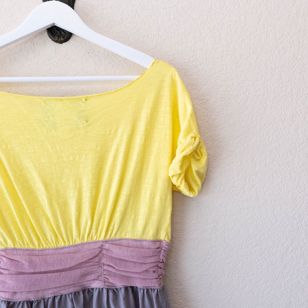 Chelsea & Violet Floral Dress L Yellow Gray Colorblock Boho Short Sleeve - Picture 9 of 12